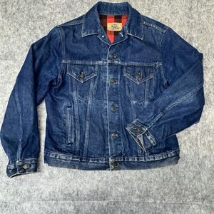 Vintage Plain Pockets mens denim jacket, blue jean, plaid red flannel lined (18)